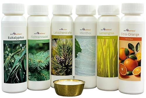 well2wellness® Saunaaufguss Set 'Probierset/Starter Set' 6 x 125 ml + gratis 10g Mentholkristalle