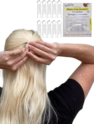 Good Hair Days Magic-Grip Hairpins - 2 1/2 U-Shaped Grip Hair Pins for Fine, Thick, Curly & Long Hair, Invisible Strong Hold Hair Styling Accessories, Set of 10, USA-Made (Crystal)