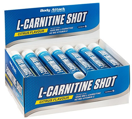 Body Attack- L-Carnitin Shot, Leckere 1000mg L-Carnitin in flüssiger Form, Patentiertes CarnipureTM Lonza, Extra Portion Vitamin C, Veganer Pre Workout Shot, Made in Germany- 20 x 25ml (Citrus)