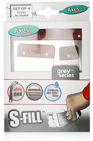Axus Decor S-Fill Compact Filler Applicators (Grey Series) Stainless Steel Flexible Putty Knife Set for Professional & DIY Projects, Extra Thin Blade & Rosewood Handle - 25mm, 50mm, 80mm, 100mm