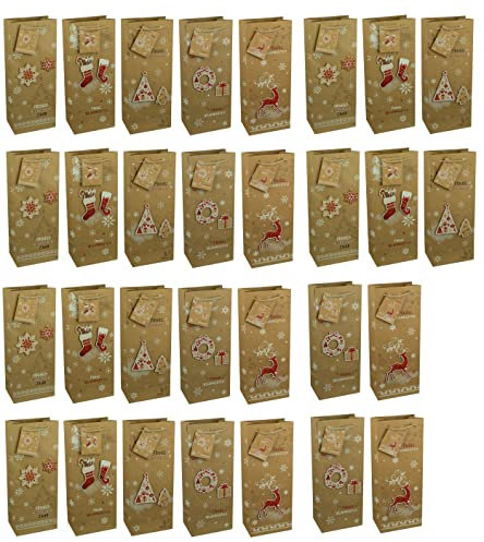 HRB Geschenktüten Weihnachten, 30 Stück, gross mit 3D Applikationen, stabile Weihnachtstüten der Marke HRB, Abmaße der weihnachtlichen Geschenkverpackung (Flaschentüte, 36x13x9 cm)