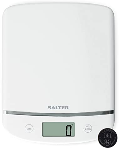 Salter 1056 WHDREU16 Digital Kitchen Scale – Electronic Food Weighing Scale For Baking/Cooking, Measures Liquids/Fluids, Easy Read LCD Display, Slim Design, 5KG Capacity, Tare/Zero Function, White