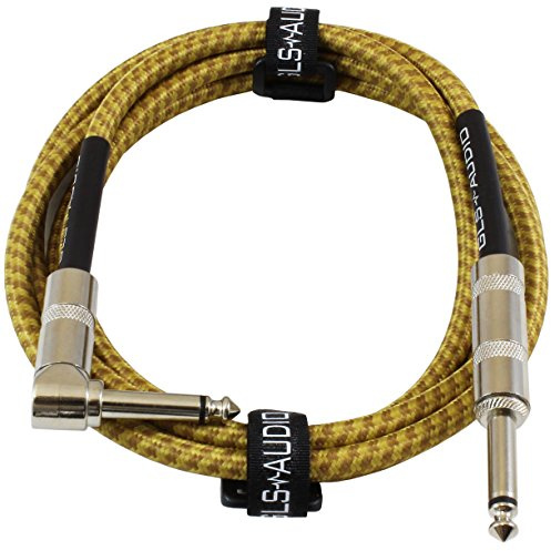 GLS Audio Instrument Cable - Amp Cord for Bass & Electric Guitar - Straight to Right Angle 1/4 Inch - Brown/Yellow Braided Tweed - 6ft Electric Guitar Cable