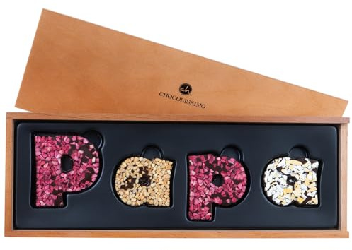 CHOCOLISSIMO - Papa Geschenk - Schokolade Geschenk für Vater, zum Vatertag, Geburtstag, Weihnachten - Buchstaben aus Zartbitterschokolade in Holzbox, süßes Geburtstagsgeschenk, Dankeschön Geschenkidee
