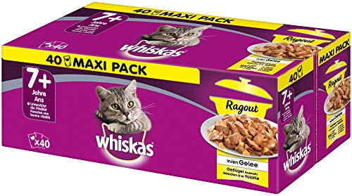 Whiskas Ragout 7 + Katzenfutter, Hochwertiges Nassfutter für gesundes Fell, Feuchtfutter in verschiedenen Geschmacksrichtungen