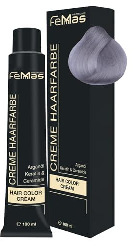 FemMas Haarfarbe Pure & Mix Silber I Creme Haarfarbe mit Arganöl, Keratin & Ceramiden I Als dauerhafte Haarfärbung oder Tönung für strahlende, haltbare Farbergebnisse I 100 ml