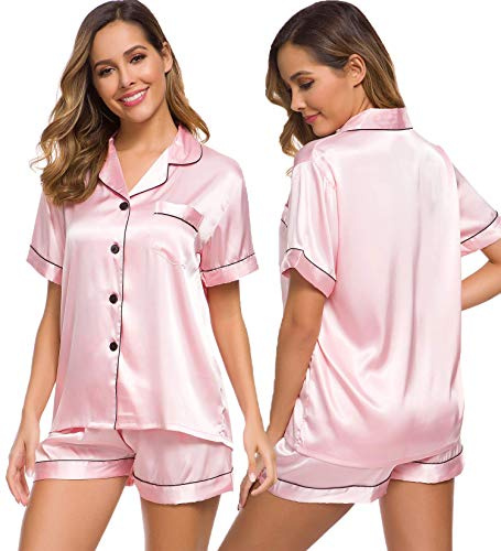 SWOMOG Womens Silk Satin Pajamas Set Two-Piece Pj Sets Sleepwear Loungewear Button-Down Pj Sets Pink