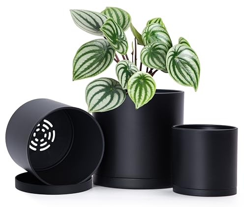 74-E-S-2 Lot de 3 Pots de Fleurs en Plastique pour Plantes avec Trou de Drainage et soucoupes sans Couture, Noir, Taille S, 10,2 cm, 12,7 cm