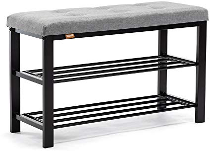 HNNHOME Sirius Shoe Bench 3-tier Shoe Rack Storage Shelf Organiser with Padded Cushion Seat, Steel Frame, for Entryway Hallway Living Room Industrial Accent Furniture 81x32xH50cm (Light Grey, Linen)