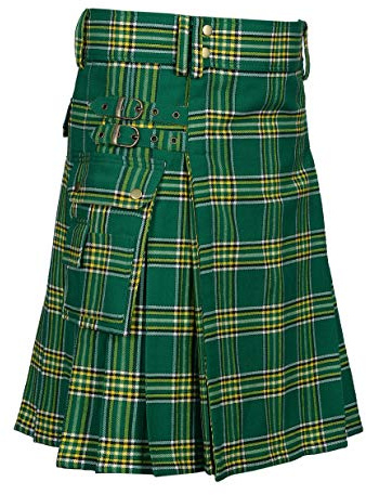 Scottish Designer Tartan Utility Kilts for Men 8 Yard 13oz Kilt (Irish Tartan, Belly Button Measuremnets 44)