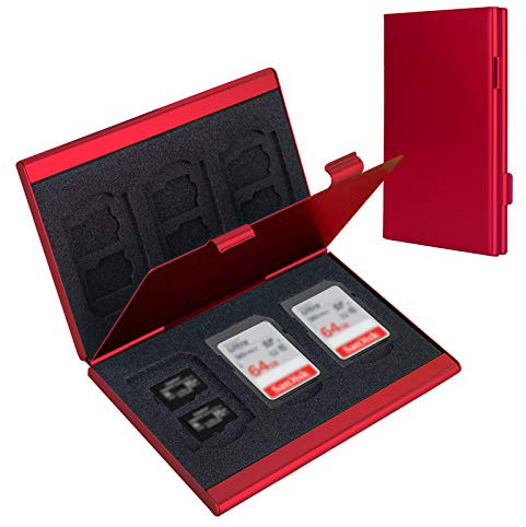 Portatarjetas SD, estuche para tarjeta SD, LAVILI CF tarjeta de memoria funda de aleación de aluminio, capacidad de doble capa para tarjetas 6SD y 12 tarjetas TF color rojo