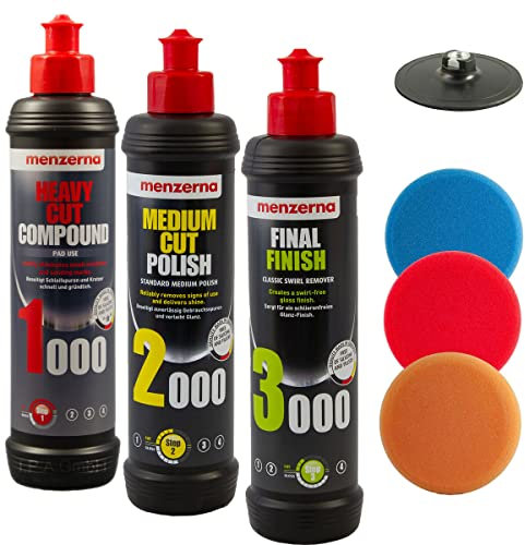 Auto-Polierset mit Menzerna Polituren - Polierturset mit passenden dicken Polierpads - 125/150mm - inkl. Polierteller - M14 Gewinde - komplettes Set zur Aufbereitung