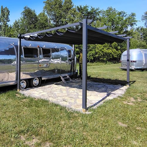 PURPLE LEAF Pergola Aluminium 4 x 3,2 m Tissu Teint en Fil, Pergolas pour Terrasse Extérieur, Pergola Jardin Extérieur Toit Coulissante, Pavillon de Jardin, Gris