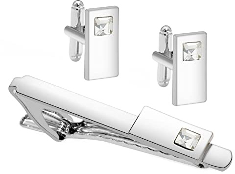 Gleamart Silber Krawattenklammer Manschettenknöpfe Set mit Strass für Männer Business Krawatte Pinch Clip Personalisierte Manschettenknöpfe Set, Kupfer, Strasssteine