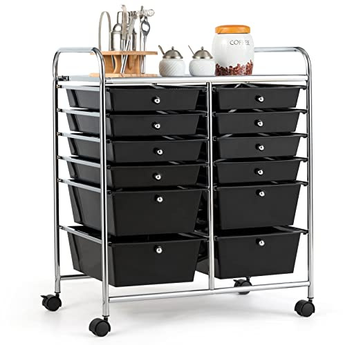 COSTWAY Rullvagn med 12 stapelbara lådor, lådvagnsbehållare med metallram och förvaringsyta, badrumsrullvagn, förvaringsvagn för kontor, vardagsrum (svart)