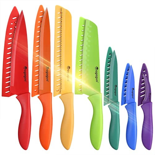 Mogaguo 7Pezzi Set Coltelli Da Cucina, set coltelli da cucina acciaio inox, Set Coltelli Da Cucina Professionali Lavabili In Lavastoviglie Protezioni Fodero Multicolore
