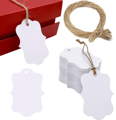 GGUFAY 100 weiße Geschenkanhänger mit Etikettenkarte und 20 m Juteschnur - perfekt für Hochzeiten, Partys, Geschenke und Bastelprojekte.