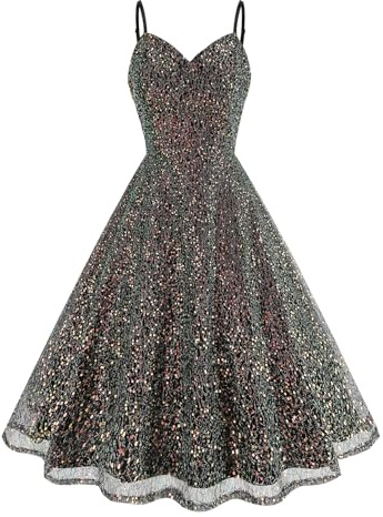 Odizli Damen Sexy Glitzer Pailletten Spaghettiträger Swing Kurz Partykleid Festliche Party Cocktailkleid