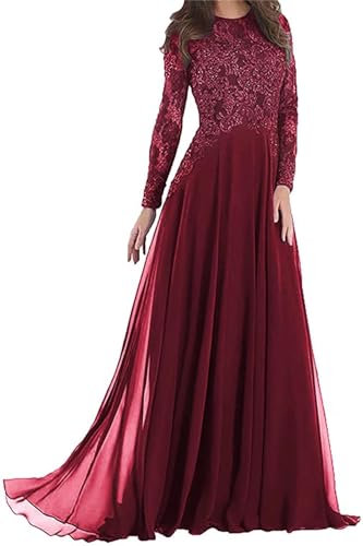 Sincemeet Spitzenkleider für die Brautmutter Formelle Abendkleider mit Langen Ärmeln A-line Chiffon Abschlussballkleider