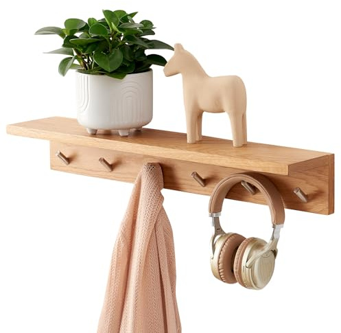 OAKERLAND Oak Floating Shelf with Hooks, 70cm Solid Wood Wall Rack, Wall Mounted Coat Hooks with Display Shelves for Entryway, Bedroom, Living Room, Office, Laundry etc