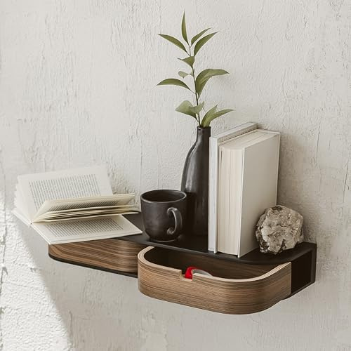 Valiai Estante Flotante, para Pared, Colgante, de Madera, pequeños cajones de Pared Colgantes (Negro/Nogal, Estante con 2 cajones)