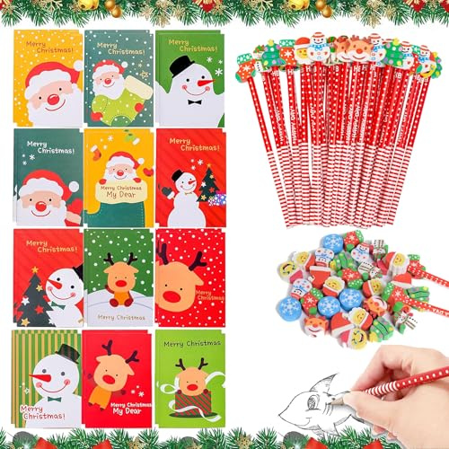 Auzlya 12 Pezzi Natale Matite+12 Pezzi Mini Quaderni di Natale | Set di matite con Gomma,Gadget Natalizi Bambini,Pensierini Natalizi Divertenti,per Festa Battesimo,Natale Regali