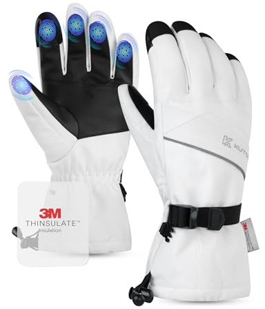 KUTOOK Guantes de Esqu Invierno Térmicos Mujer Hombre Cortaviento Deportivos Impermeables Antideslizantes Pantalla Táctil para Esquí Snowboard Patinaje sobre Hielo Senderismo Blanco,M