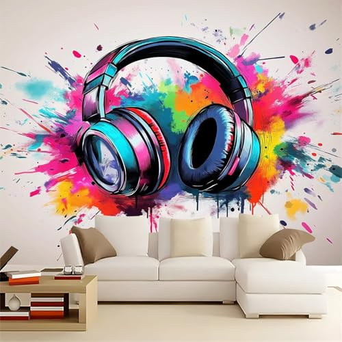 Fototapete Vlies 3D Wanddeko Wandbild Wandtapete, Tapete Einfache Graffiti-Kopfhörer Motivtapeten für Wohnzimmer Schlafzimmer Kinderzimmer 350 x 256 cm, Weiß
