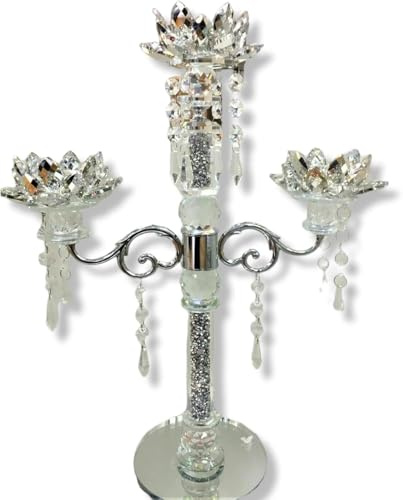 Silver Crystal Clear Glass Lotus Candle Holders 3-Tier Stand For For Bedroom, Living Room, Entryway, Dining Room, Desk, Table, Office, Home And All Occasions Use And Gift 35CM