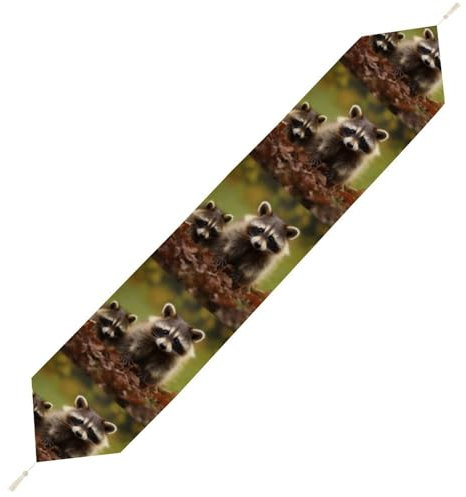 Waschbär-Tischläufer, rustikaler Herbst-Tischläufer mit Quasten, Baumwollleinen, Tischläufer für drinnen und draußen, dicker Bauernhaus-Tischläufer für Tischdekorationen, 32 x 178 cm