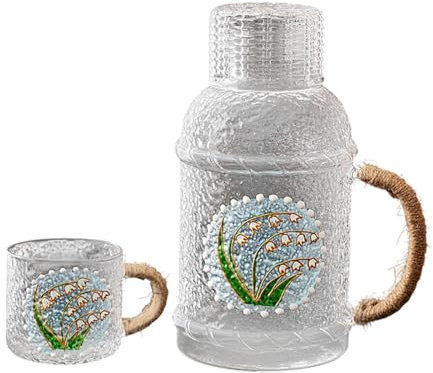 LOVIVER Jarra de Vidrio para refrigerador, Jarra de Agua, Recipiente para Jugo, Botella Multiusos de 2 l para Agua fría, Jarra para té, Bebidas con, Lirio de Los Valles
