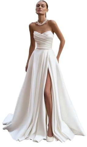Neejafrog Vestidos de Novia de Raso sin Tirantes para la Novia v Cuello Acanalado Vestido de Fiesta de Noche Vestidos de Baile