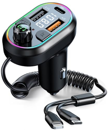 PRMHOOT FM Transmitter Auto Bluetooth 5.0, 25W PD Bluetooth Adapter Auto Freisprecheinrichtung with Charger Cable, Support U Disk with Light
