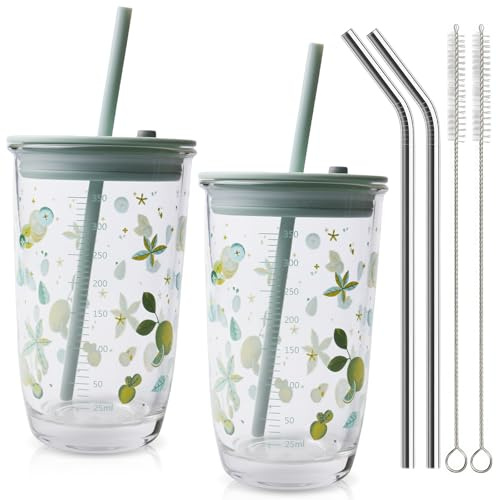 WANDGU Gobelets en verre avec couvercle et paille : lot de 2 gobelets à café hermétiques et étanches, gobelets à smoothie avec 2 pailles et une brosse, compatibles lave-vaisselle, pour cappuccino(vert