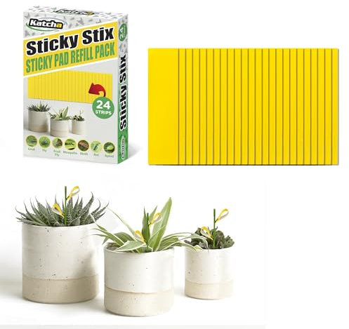 Katcha Sticky Stix - Traps Fruit Fly Fungas Gnat Killer Multi Insect Trap Yellow Sticky Bug Insect Killer Double-sided Sticky Insect Catcher for Indoor and Outdoor Houseplants (24 Replacement Pads)