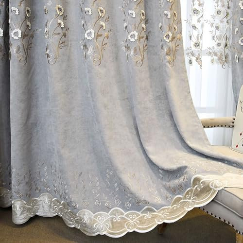 Wycian Gardine Querbehang Oben Gardinen 2er Set Grau Verdunkelung Blumenmuster H147 x B107 cm (2er Pack) Chenille