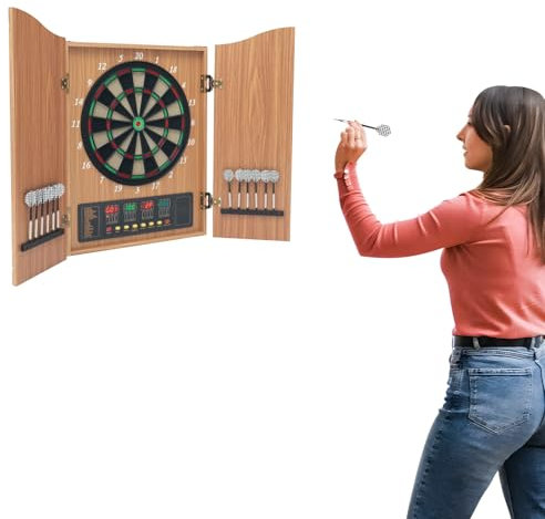 Elektronische Dartscheibe 27 Spiele Dartautomat Standgerät mit 4 LED-Anzeigen Profi Dartscheibe Dart Ständer für Kinder & Erwachsene Elektronisches Dartspiel für Partys und Spieleabende