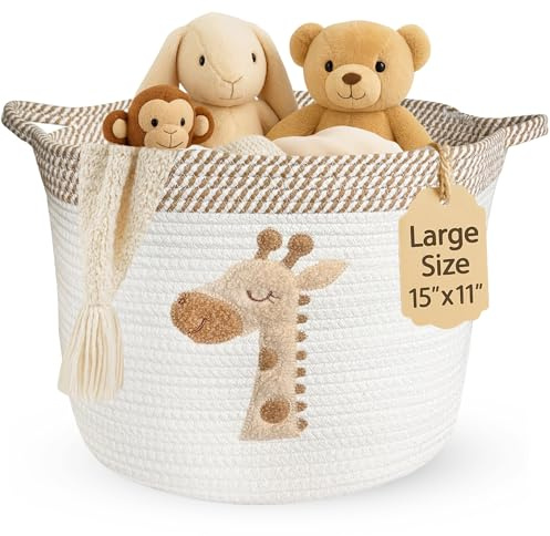 Giraffe Storage Basket for Nursery – Large 15”x11” Cotton Rope Bin with Soft Felt Animal Patch – Toy Organizer, Baby Laundry Hamper, Diaper & Towel Holder – Foldable, Washable & Baby-Safe