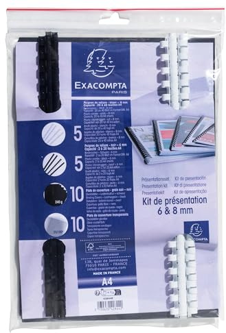 Exacompta - Réf. 42844E - Carton de 5 Kits de présentation reliures spiralées pour dossier de 10 à 40 feuilles A4-25 peignes 6 mm noirs -25 peignes 8 mm blancs -50 plats PVC -50 plats couverture noir
