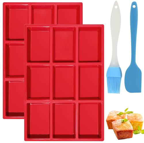 2 Stück Silikon Backform Kastenform - Silikonformen Backen, Mini Kuchenform, mit Ölbürste und Schaber Geliefert, Kleine Backformen für Brot, Brownies, Schokolade, Seife, Harz (31.5 x 21 x 3 cm, Rot)