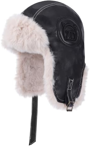 Jesustree Winter Fliegermütze, Unisex Warme Russische Mütze mit Ohrenklappen, PU Winddicht Hut Trappermütze für Snowboarden Skaten Radfahren Outdoor (Schwarz)