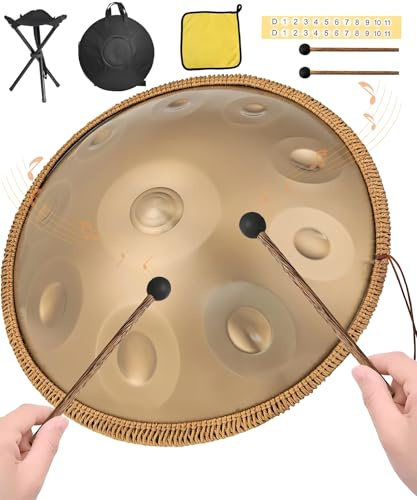 Handpan Instrument, 9 Töne 22 Zoll Handpan Drum, mit Faltbarem Drum-Ständer Und Drum Stick, Drum Pack, 440 Hz, für Musikliebhaber, Anfänger (Gold, 9 Töne 440 Hz)
