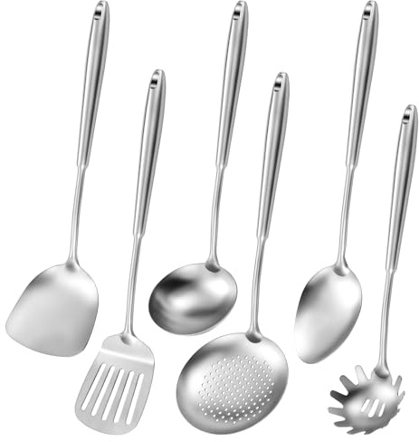 Ustensiles de Cuisine INOX, Lot de 6 ustensiles de Cuisson en métal, Ensemble de spatules résistantes à la Chaleur avec pelles, cuillère de Service, louche, écumoire et cuillère à pâtes