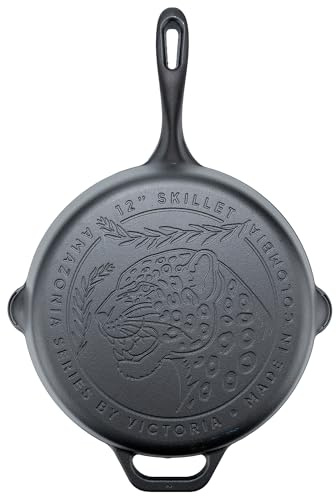 Victoria Cookware 12-Inch Amazonia Cast Iron Skillet, Decorative Preseasoned Frying Pan with Cast Design, Made in Colombia, Jaguar