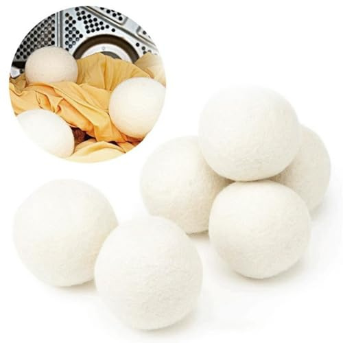 6 Pcs Tumble Dryer Balls, Natural Fabric Softener Wool Dryer Balls for Laundry to Reduce Clothing Wrinkles, Pairing with Essential Oils(White/5cm)