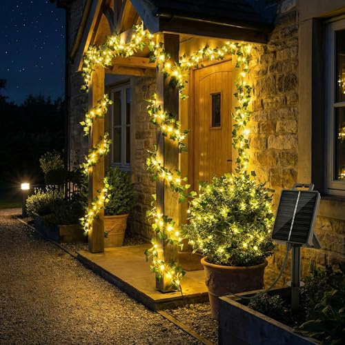 BG9D Guirnalda Solar Exterior, 10M 80 LED Hiedra Artificial con 8 Modos, IP67 Impermeable, Luces Solares Decorativas para Jardín Balcón Patio Valla Habitación