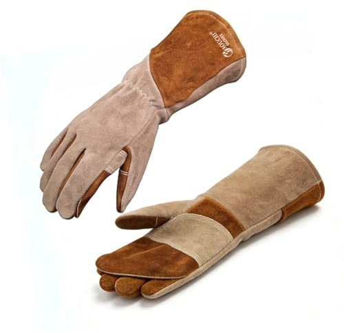 AOUCHI Grillhandschuhe und Schweißhandschuhe aus Rindsleder, langärmelig, feuerfeste und hitzebeständige Kaminhandschuhe für Grill, Schweißen Tig Mig, Kamin, Ofen, Backen, Herd (braun, X-Large)