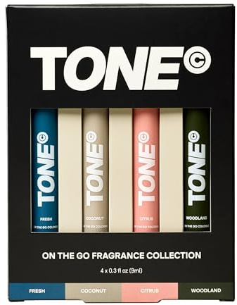TONE 4 Piece On-The-Go Cologne Sample Pack for Men, Multi-Layered, Light Cologne, Travel Size, 4 Premium Scents - Fresh, Citrus, Coconut, Woodland (0.3 fl oz each)