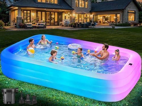 Large Inflatable Pool for Adults,130 x 72 x 22 Thickened Blow Up Pool with Lights & Pump, 7 Color Changed Durable Above Ground Family Swimming Pool for Backyard Outdoor Garden