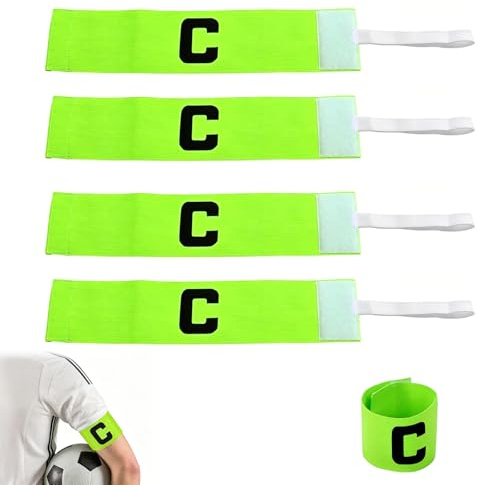 EULAPGOE 4 Brazaletes de Capitán de Fútbol Ajustables Verde Fluorescente, Banda Elástica para Capitán con Letra C, Brazalete Deportivo para Adulto, Fútbol, Rugby y Baloncesto